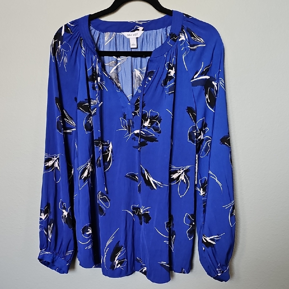 Nine West NWT Office Royal Blue Floral Long Sleeve Popover Blouse Large